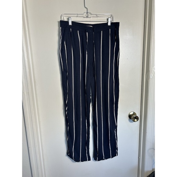 H&M Pants - H&M L.O.G.G. Women's Navy Blue White Striped Wide Leg Linen Blend Pants Size 12